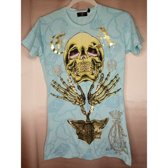 Christian Audigier Tops Christian Audigier Skull Graphic Baby Blue